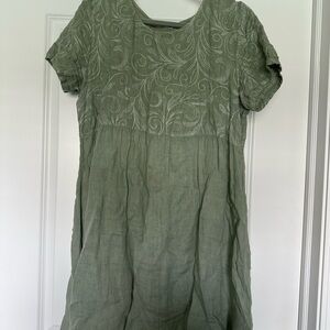 Linen Green Embroidered Dress